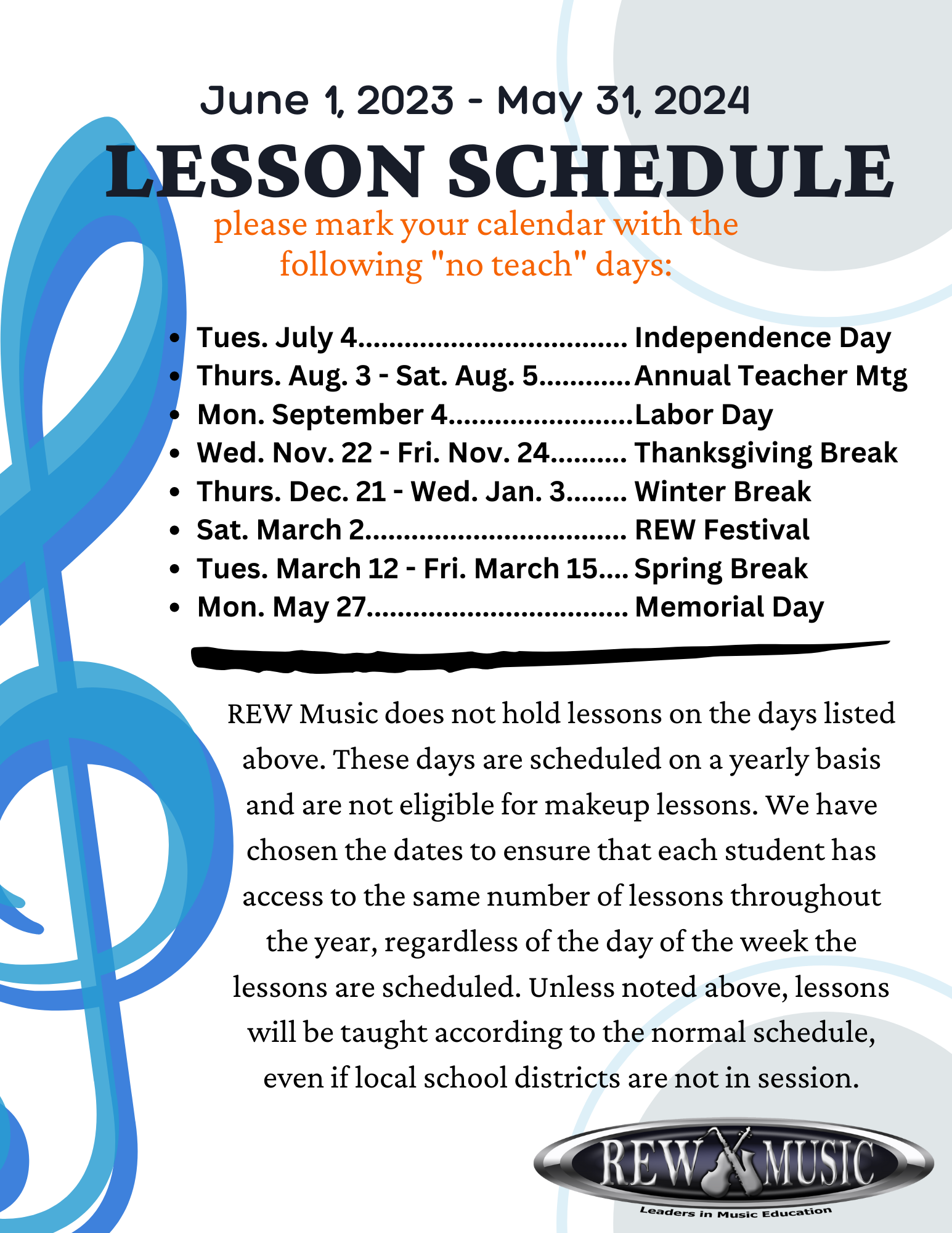 Lesson Schedule Holiday Dates